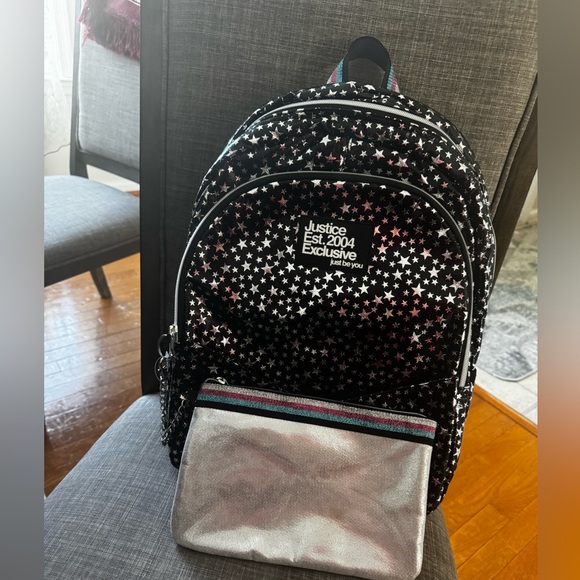Justice Stars Print 17" Backpack W/ Detachable Wristlet Pencil Pouch Black NEW - Picture 2 of 4
